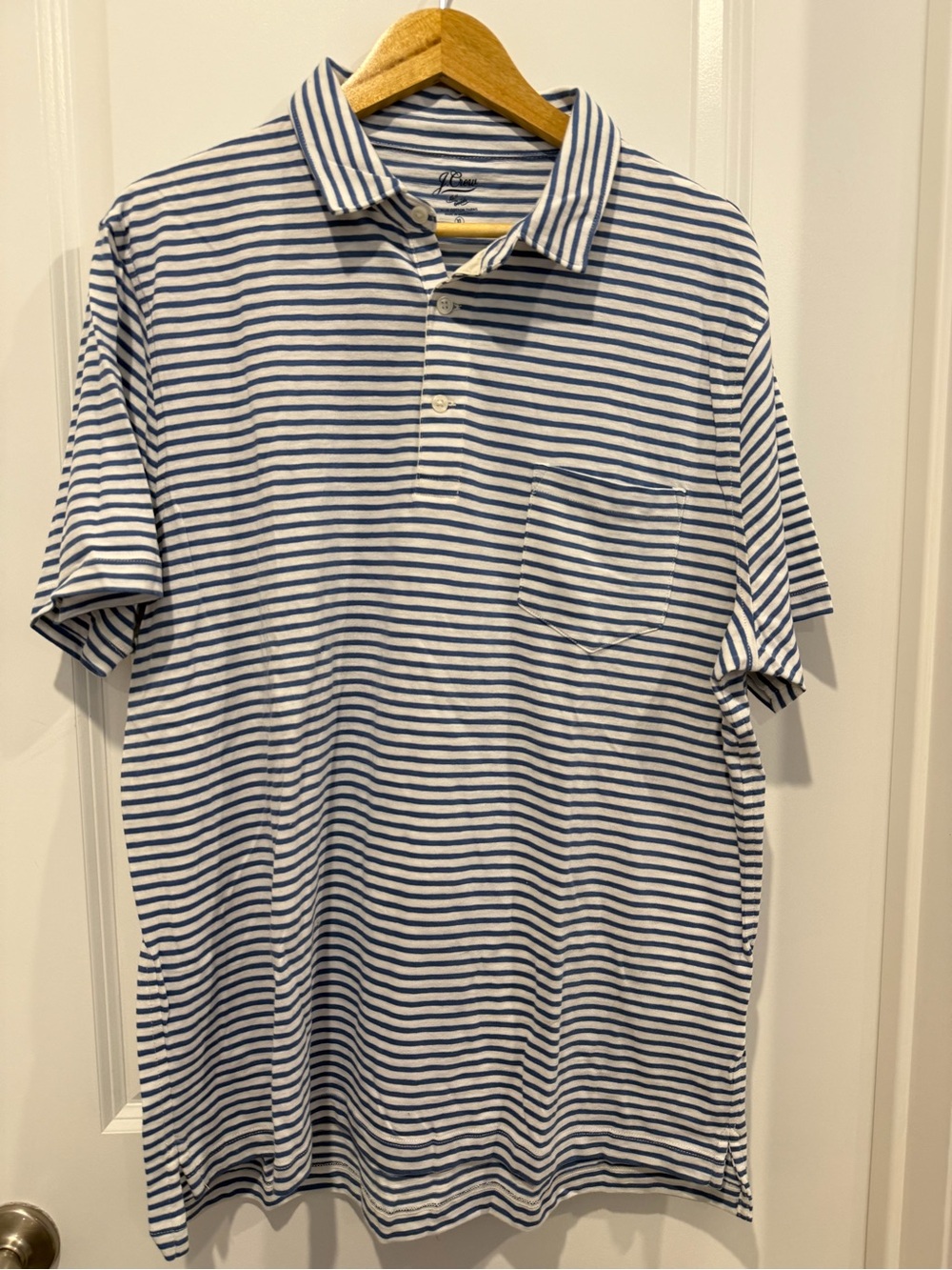 J. Crew White & Navy Striped Short-Sleeve Sueded Cotton Polo